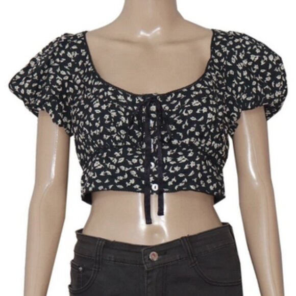 Free People Easy To Love Cropped Top Buttondown Smocked Printed XS - Picture 4 of 5